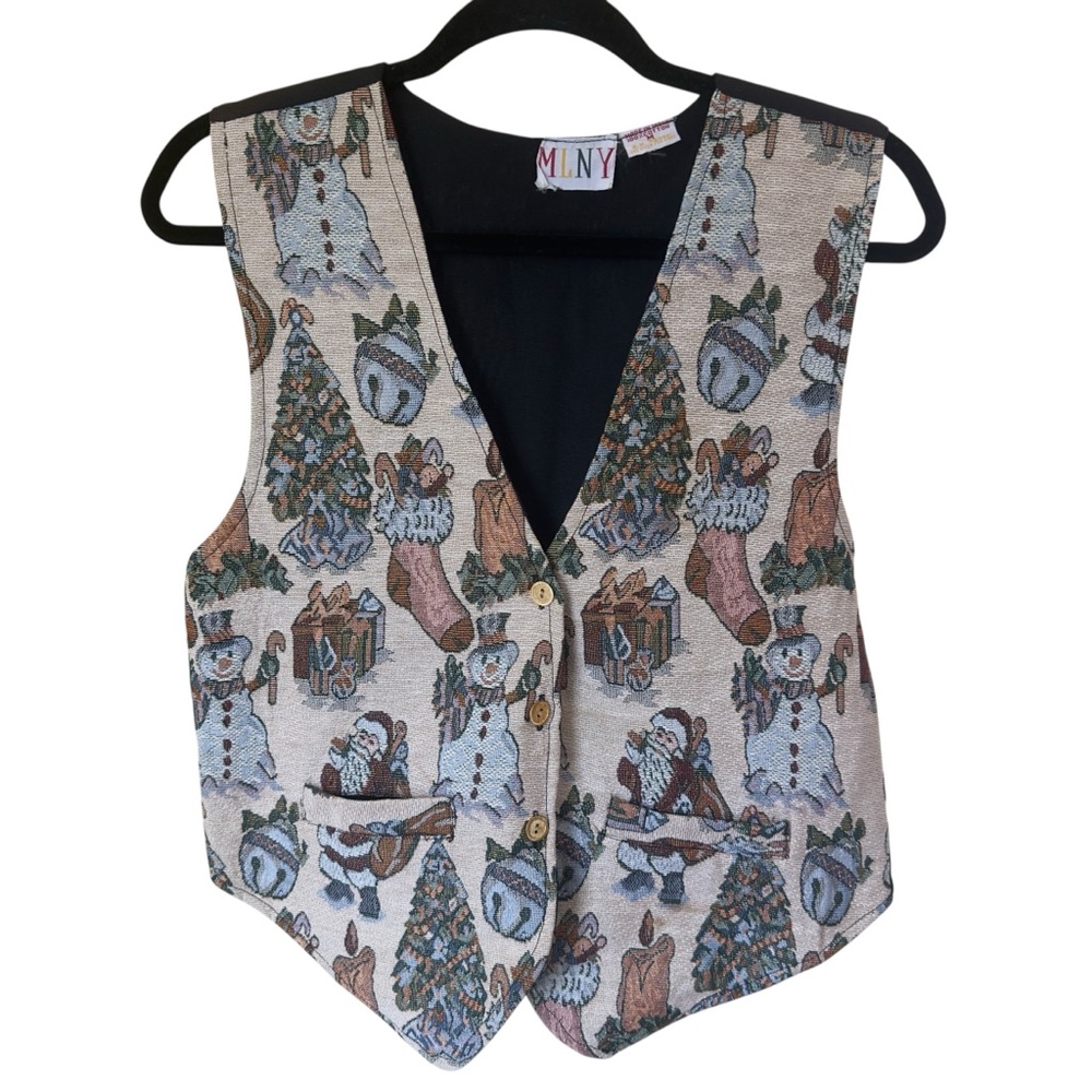 MLNY‎ Vintage Christmas Vest Santa Snowman Tapestry Holiday Waistcoat Medium